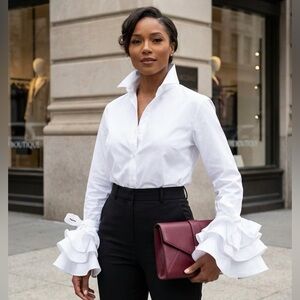 Elegant Ruffle Cuff Button-Up Blouse | Turn-Down Collar Statement Sleeve Top